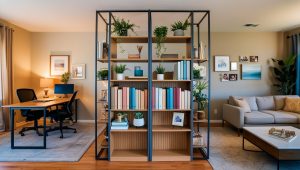 Homeoffice Ideen für Wohnungen mit wenig Platz -Bücherregal als Trennwand