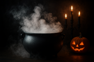 Schwarzer Hexenkessel mit Nebel, Halloween Deko, geheimnisvoll beleuchtet
