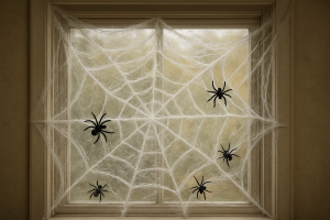 Halloween Spinnennetz aus Watte mit Plastikspinnen, an einem Fenster angebracht, gespenstische Atmosphäre
