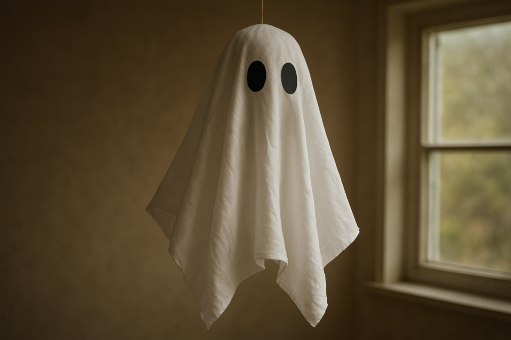 Selbstgemachter Halloween Geist aus weißem Stoff, schwebend im Raum, mit schwarzen Augen