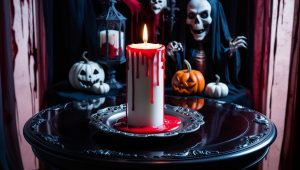 Weiße Halloween Kerze mit rotem Wachstropfen, sieht aus wie Blut, dunkle Tischdekoration