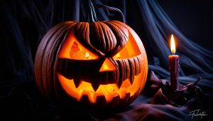 Halloween Kürbis mit grinsendem Gesicht, leuchtend von innen, dunkler Hintergrund, gruselige Stimmung