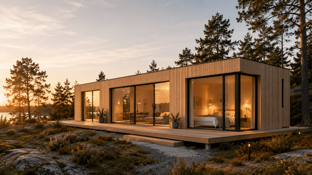 Modernes Modulhaus mit klarer Architektur, Holzfassade und nachhaltigem Design