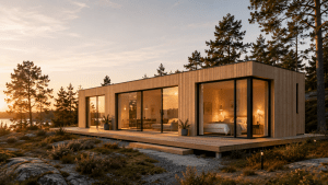 Modernes Modulhaus mit klarer Architektur, Holzfassade und nachhaltigem Design