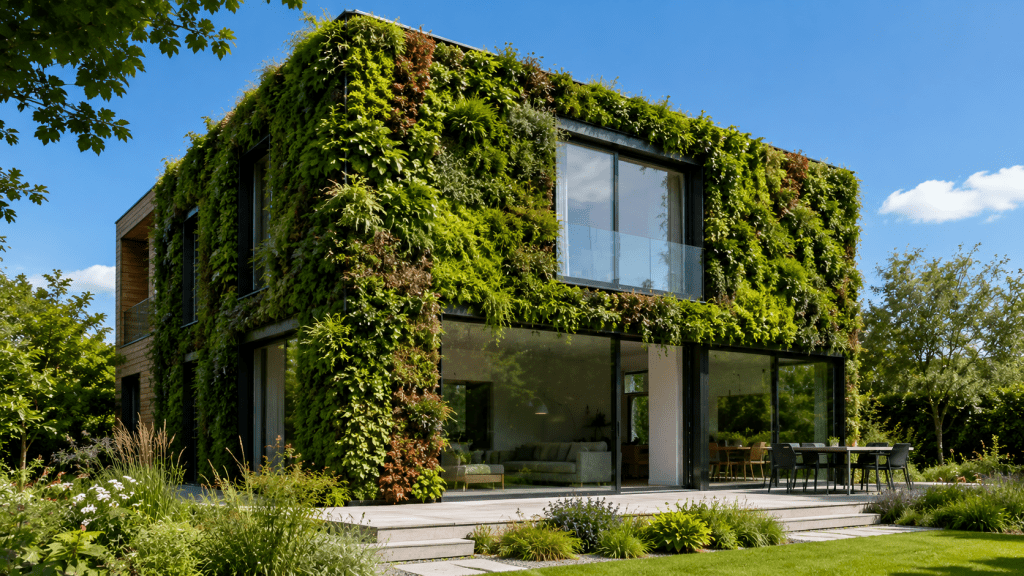 Modernes Einfamilienhaus mit vollständig begrünter Fassade und zeitgemäßer Architektur