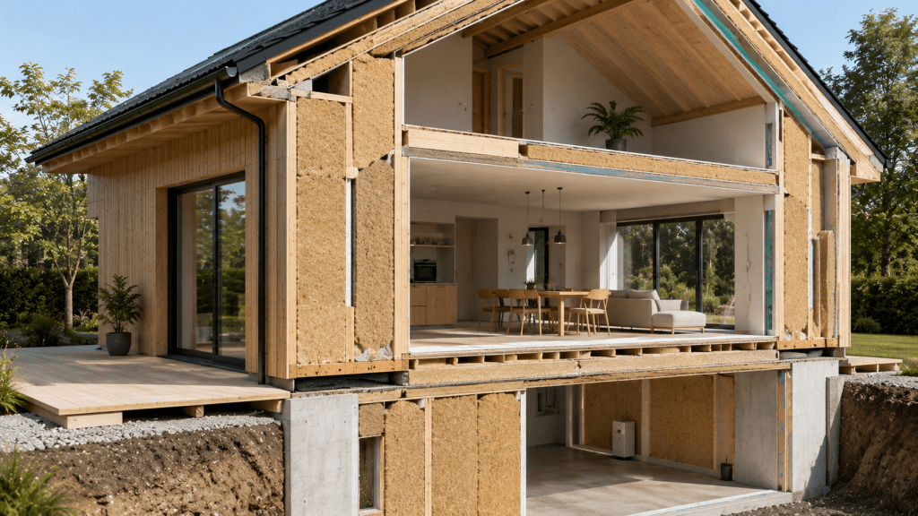 Moderner Hausquerschnitt mit nachhaltiger Holzfaserdämmung und energieeffizientem Wandaufbau