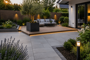 Moderne Holzterrasse mit großen Pflasterflächen im Garten