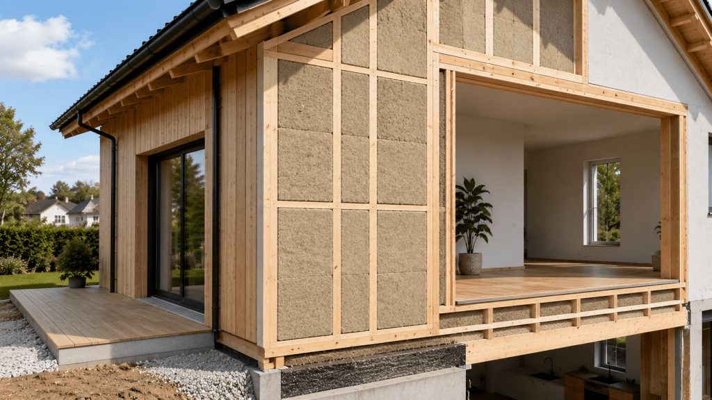 Offener Wandaufbau eines modernen Hauses mit sichtbarer Hanfdämmung und nachhaltigen Baumaterialien