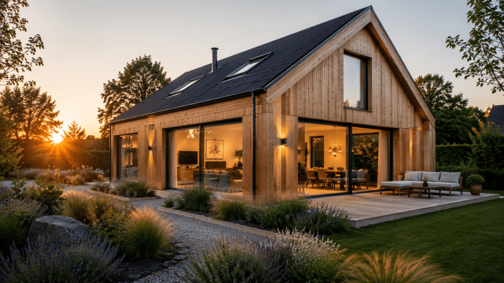 Modernes Einfamilienhaus aus Holz mit großen Fensterflächen