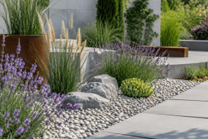 Pflegeleichter moderner Garten mit Kiesbeeten und Terrasse