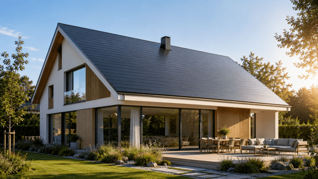 Modernes Einfamilienhaus mit eleganten Solardachziegeln und nachhaltigem Energiekonzept