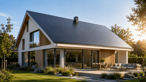 Modernes Einfamilienhaus mit eleganten Solardachziegeln und nachhaltigem Energiekonzept