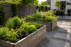 Hochbeete im pflegeleichten Garten mit Kräutern und Gemüse