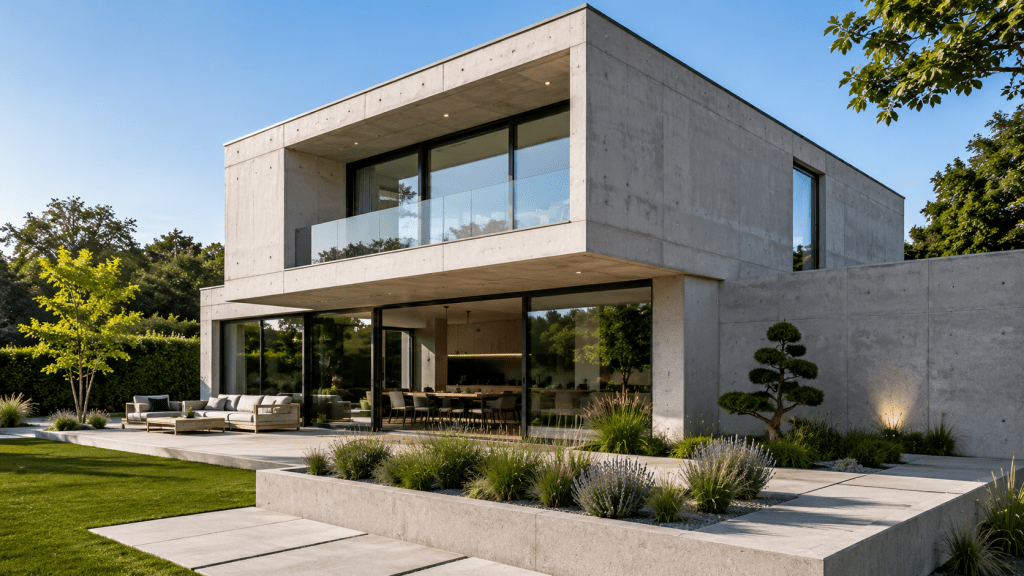 Moderne Architektur aus Sichtbeton mit nachhaltigem Design und großen Glasflächen