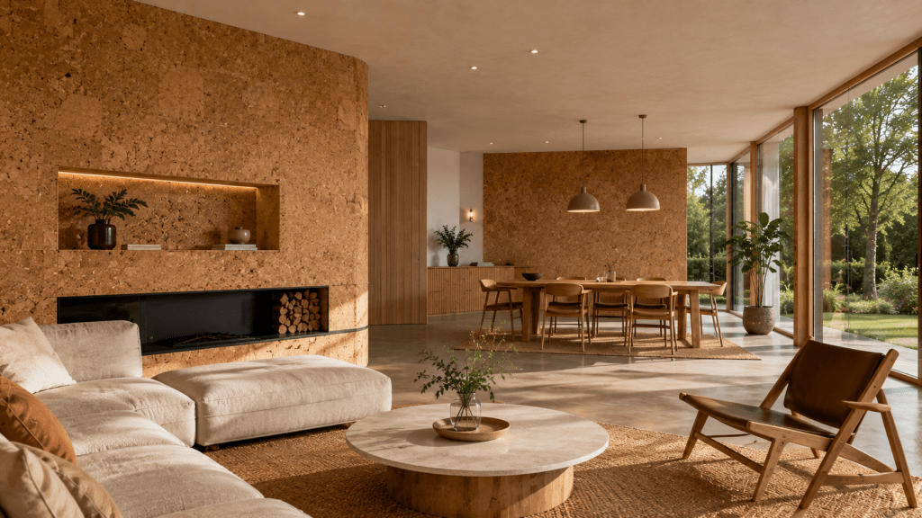 Modernes Wohnhaus mit natürlichen Korkelementen und nachhaltiger Innenarchitektur