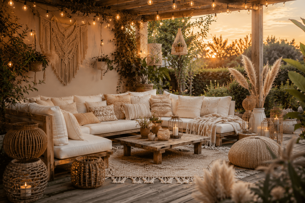 Boho Outdoor-Wohnzimmer mit Makramee und Pampasgras