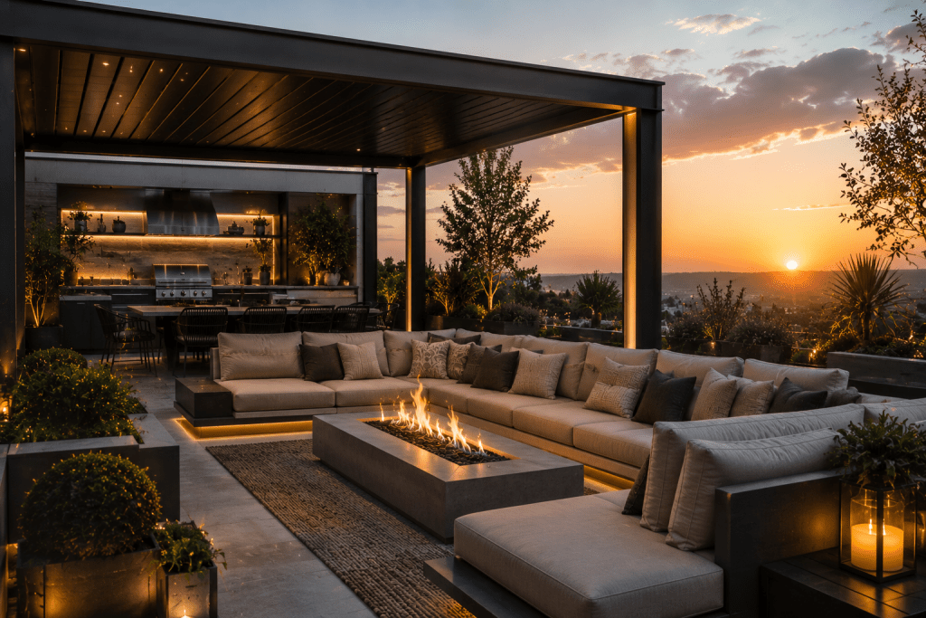 Luxuriöses Outdoor-Wohnzimmer mit Designermöbeln und Outdoor-Küche
