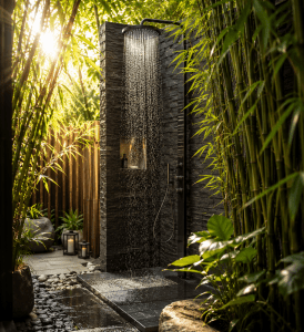 Außendusche zwischen Bambus und Naturstein für echtes Spa-Feeling