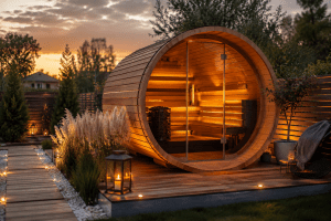 Moderne Fasssauna im Garten – Wellness und Entspannung zuhause