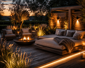 Luxuriöser Ruhebereich mit Daybed und Feuerstelle im Wellness-Garten