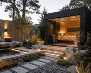 Skandinavischer Wellness-Garten mit moderner Sauna und Naturstein