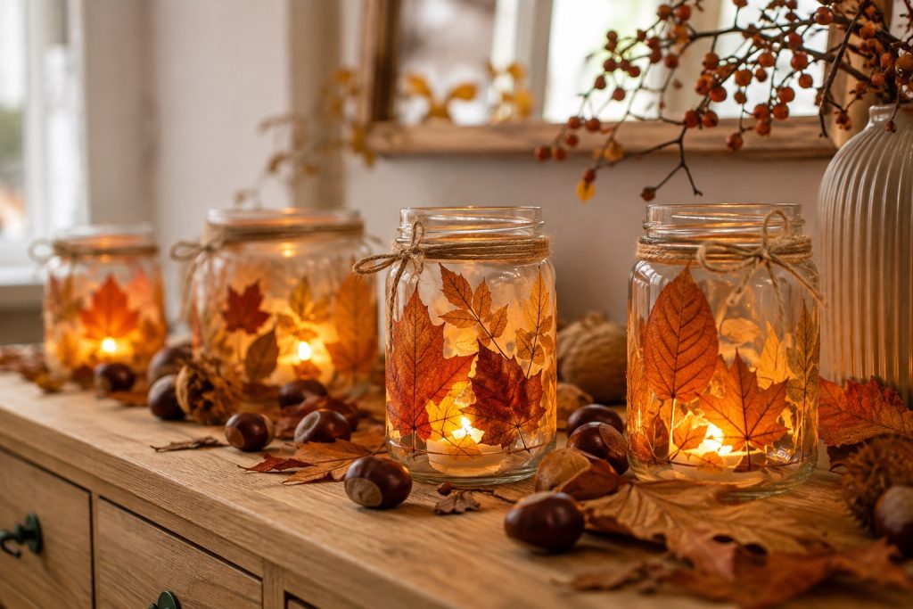 Herbst-Deko selber machen: Windlichter mit Herbstblättern