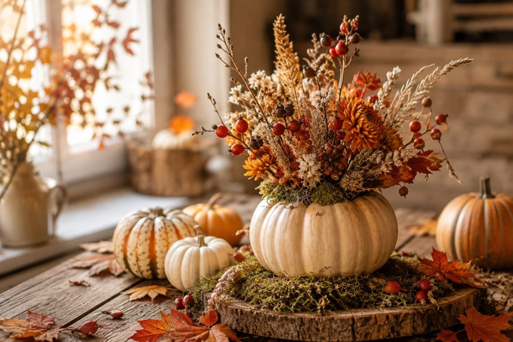 Herbst-Deko selber machen: Kürbis-Vase mit Herbstblumen