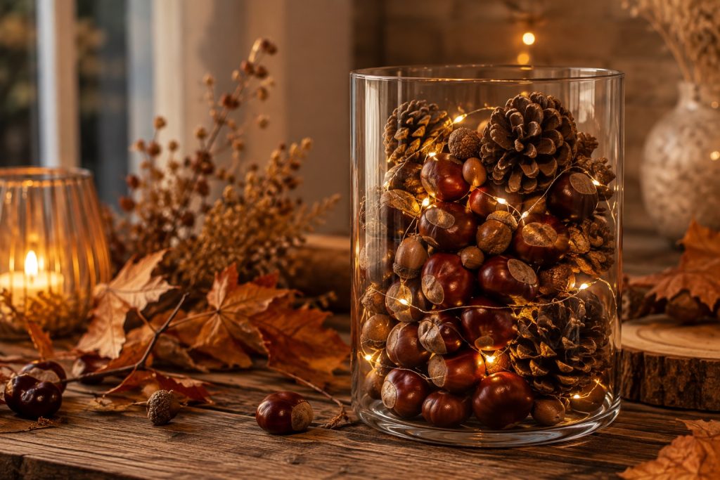 Herbst-Deko selber machen: Kastanien im Glas mit Lichterkette